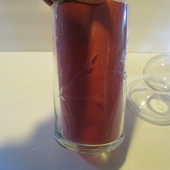 set vtg clear glass etched tall apothecary jars ball shaped lids grandmacore - Picture 3 of 13